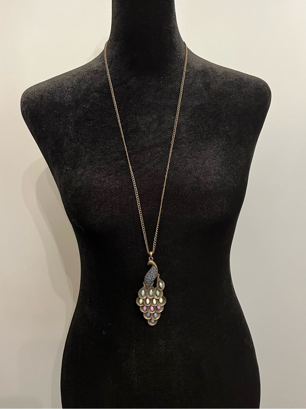 Never Worn Antique Brass Coloured Long Chain With Peacock Pendant